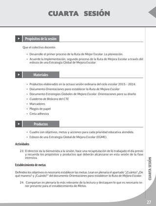 27
cuartasesión
ruta de mejora escolar	 Educación Primaria
CUARTA SESIÓN
Que el colectivo docente:
•	 Desarrolle el primer proceso de la Ruta de Mejor Escolar: La planeación.
•	 Acuerde la Implementación, segundo proceso de la Ruta de Mejora Escolar a través del
esbozo de una Estrategia Global de Mejora Escolar.
•	 Productos elaborados en la octava sesión ordinaria del ciclo escolar 2015 - 2016
•	Documento Orientaciones para establecer la Ruta de Mejora Escolar
•	Documento Estrategias Globales de Mejora Escolar. Orientaciones para su diseño
•	 Cuaderno de Bitácora del CTE
•	Marcadores
•	 Pliegos de papel
•	 Cinta adhesiva
•	 Cuadro con objetivos, metas y acciones para cada prioridad educativa atendida.
•	 Esbozo de una Estrategia Global de Mejora Escolar (EGME).
▶ Propósitos de la sesión
▶ Materiales
▶ Productos
Actividades
23.	El director da la bienvenida a la sesión, hace una recapitulación de lo trabajado el día previo
y recuerda los propósitos y productos que deberán alcanzarse en esta sesión de la fase
intensiva.
Establecimiento de metas
Definidos los objetivos es necesario establecer las metas. Lean en plenaria el apartado “¿Cuánto? ¿De
qué manera? y ¿Cuándo?” del documento Orientaciones para establecer la Ruta de Mejora Escolar.
24.	 Compartan en plenaria lo más relevante de la lectura y destaquen lo que es necesario te-
ner presente para el establecimiento de Metas.
 