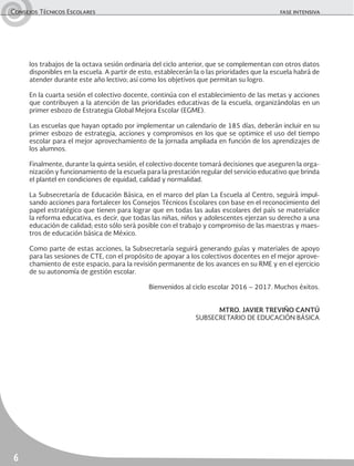Consejos Técnicos Escolares	 fase intensiva
6
los trabajos de la octava sesión ordinaria del ciclo anterior, que se complementan con otros datos
disponibles en la escuela. A partir de esto, establecerán la o las prioridades que la escuela habrá de
atender durante este año lectivo; así como los objetivos que permitan su logro.
En la cuarta sesión el colectivo docente, continúa con el establecimiento de las metas y acciones
que contribuyen a la atención de las prioridades educativas de la escuela, organizándolas en un
primer esbozo de Estrategia Global Mejora Escolar (EGME).
Las escuelas que hayan optado por implementar un calendario de 185 días, deberán incluir en su
primer esbozo de estrategia, acciones y compromisos en los que se optimice el uso del tiempo
escolar para el mejor aprovechamiento de la jornada ampliada en función de los aprendizajes de
los alumnos.
Finalmente, durante la quinta sesión, el colectivo docente tomará decisiones que aseguren la orga-
nización y funcionamiento de la escuela para la prestación regular del servicio educativo que brinda
el plantel en condiciones de equidad, calidad y normalidad.
La Subsecretaría de Educación Básica, en el marco del plan La Escuela al Centro, seguirá impul-
sando acciones para fortalecer los Consejos Técnicos Escolares con base en el reconocimiento del
papel estratégico que tienen para lograr que en todas las aulas escolares del país se materialice
la reforma educativa, es decir, que todas las niñas, niños y adolescentes ejerzan su derecho a una
educación de calidad; esto sólo será posible con el trabajo y compromiso de las maestras y maes-
tros de educación básica de México.
Como parte de estas acciones, la Subsecretaría seguirá generando guías y materiales de apoyo
para las sesiones de CTE, con el propósito de apoyar a los colectivos docentes en el mejor aprove-
chamiento de este espacio, para la revisión permanente de los avances en su RME y en el ejercicio
de su autonomía de gestión escolar.
Bienvenidos al ciclo escolar 2016 – 2017. Muchos éxitos.
MTRO. JAVIER TREVIÑO CANTÚ
SUBSECRETARIO DE EDUCACIÓN BÁSICA
 
