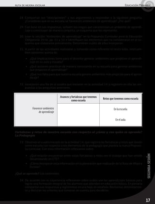 17
segundasesión
ruta de mejora escolar	 Educación Primaria
28.	Compartan sus “descripciones” y sus argumentos y respondan a la siguiente pregunta:
¿Consideran que en su escuela se favorecen ambientes de aprendizaje? ¿Por qué?
29.	Con base en sus respuestas, señalen los rasgos que caracterizan un ambiente de aprendi-
zaje y construyan de manera conjunta, un esquema que los represente.
30.	Lean la sección “Ambientes de aprendizaje” en la Propuesta Curricular para la Educación
Obligatoria 2016, pp. 51 y 52 e identifiquen los elementos que no consideraron en el es-
quema que elaboraron previamente. Determinen cuáles de ellos incorporan.
31.	A partir de las actividades realizadas y tomando como referente el texto leído, intercam-
bien opiniones acerca de:
▶	 ¿Qué implicaciones tiene para el docente generar ambientes que propicien el aprendi-
zaje en su aula y escuela?
▶	 ¿Qué acciones practican de manera consistente en su escuela para generar ambientes
que propicien el aprendizaje?
▶	 ¿Qué nos falta para que nuestra escuela genere ambientes más propicios para el apren-
dizaje?
32.	Incorporen una fila en el cuadro que iniciaron en la actividad 14 y registren en ella las res-
puestas a las preguntas anteriores.
Favorecer ambientes
de aprendizaje
Avances y fortalezas que tenemos
como escuela
Retos que tenemos como escuela
En la escuela:
En el aula:
Fortalezas y retos de nuestra escuela con respecto al ¿cómo y con quién se aprende?
La Pedagogía
33.	Observen el cuadro iniciado en la actividad 14, que registra las fortalezas y retos que tienen
como escuela con respecto a los elementos de la pedagogía que plantea la nueva Propues-
ta curricular. Con esta información reflexionen sobre:
▶	 ¿Qué relación encuentran entre estas fortalezas y retos con el trabajo que han venido
desarrollando en CTE?
▶	 ¿Cómo incorporar esta información en la planeación que realizarán de la Ruta de Mejora
Escolar?
¿Qué se aprende? Los contenidos
34.	De acuerdo con su experiencia reflexionen sobre cuáles son los aprendizajes básicos para
lograr una formación integral de los alumnos que atienden en educación básica. En plenaria
compartan sus respuestas y regístrenlas en una hoja de rotafolio. Revísenlas detenidamen-
te y discutan los criterios que tomaron en cuenta para decidirlos.
 