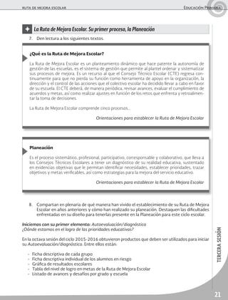 21
tercerasesión
ruta de mejora escolar	 Educación Primaria
✦ La Ruta de Mejora Escolar. Su primer proceso, la Planeación
8.	 Compartan en plenaria de qué manera han vivido el establecimiento de su Ruta de Mejora
Escolar en años anteriores y cómo han realizado su planeación. Destaquen las dificultades
enfrentadas en su diseño para tenerlas presente en la Planeación para este ciclo escolar.
Iniciemos con su primer elemento: Autoevaluación/diagnóstico
¿Dónde estamos en el logro de las prioridades educativas?
En la octava sesión del ciclo 2015-2016 obtuvieron productos que deben ser utilizados para iniciar
su Autoevaluación/diagnóstico. Entre ellos están:
-	 Ficha descriptiva de cada grupo
-	 Ficha descriptiva individual de los alumnos en riesgo
-	 Gráfica de resultados escolares
-	 Tabla del nivel de logro en metas de la Ruta de Mejora Escolar
-	 Listado de avances y desafíos por grado y escuela
¿Qué es la Ruta de Mejora Escolar?
La Ruta de Mejora Escolar es un planteamiento dinámico que hace patente la autonomía de
gestión de las escuelas, es el sistema de gestión que permite al plantel ordenar y sistematizar
sus procesos de mejora. Es un recurso al que el Consejo Técnico Escolar (CTE) regresa con-
tinuamente para que no pierda su función como herramienta de apoyo en la organización, la
dirección y el control de las acciones que el colectivo escolar ha decidido llevar a cabo en favor
de su escuela. El CTE deberá, de manera periódica, revisar avances, evaluar el cumplimiento de
acuerdos y metas, así como realizar ajustes en función de los retos que enfrenta y retroalimen-
tar la toma de decisiones.
La Ruta de Mejora Escolar comprende cinco procesos…
Orientaciones para establecer la Ruta de Mejora Escolar
Planeación
Es el proceso sistemático, profesional, participativo, corresponsable y colaborativo, que lleva a
los Consejos Técnicos Escolares a tener un diagnóstico de su realidad educativa, sustentado
en evidencias objetivas que le permitan identificar necesidades, establecer prioridades, trazar
objetivos y metas verificables, así como estrategias para la mejora del servicio educativo.
Orientaciones para establecer la Ruta de Mejora Escolar
7.	 Den lectura a los siguientes textos.
 