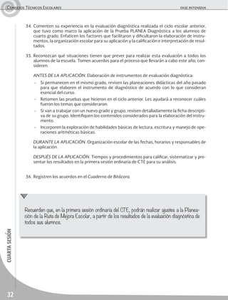 32
cuartasesiónConsejos Técnicos Escolares	 fase intensiva
34.	Comenten su experiencia en la evaluación diagnóstica realizada el ciclo escolar anterior,
que tuvo como marco la aplicación de la Prueba PLANEA Diagnóstica a los alumnos de
cuarto grado. Enfaticen los factores que facilitaron y dificultaron la elaboración de instru-
mentos, la organización escolar para su aplicación y la calificación e interpretación de resul-
tados.
35.	Reconozcan qué situaciones tienen que prever para realizar esta evaluación a todos los
alumnos de la escuela. Tomen acuerdos para el proceso que llevarán a cabo este año; con-
sideren:
	 ANTES DE LA APLICACIÓN. Elaboración de instrumentos de evaluación diagnóstica:
-	 Si permanecen en el mismo grado, revisen las planeaciones didácticas del año pasado
para que elaboren el instrumento de diagnóstico de acuerdo con lo que consideran
esencial del curso.
-	 Retomen las pruebas que hicieron en el ciclo anterior. Les ayudará a reconocer cuáles
fueron los temas que consideraron.
-	 Si van a trabajar con un nuevo grado y grupo, revisen detalladamente la ficha descripti-
va de su grupo. Identifiquen los contenidos considerados para la elaboración del instru-
mento.
-	 Incorporen la exploración de habilidades básicas de lectura, escritura y manejo de ope-
raciones aritméticas básicas.
	 DURANTE LA APLICACIÓN. Organización escolar de las fechas, horarios y responsables de
la aplicación.
	 DESPUÉS DE LA APLICACIÓN. Tiempos y procedimientos para calificar, sistematizar y pre-
sentar los resultados en la primera sesión ordinaria de CTE para su análisis.
36.	Registren los acuerdos en el Cuaderno de Bitácora.
Recuerden que, en la primera sesión ordinaria del CTE, podrán realizar ajustes a la Planea-
ción de la Ruta de Mejora Escolar, a partir de los resultados de la evaluación diagnóstica de
todos sus alumnos.
 