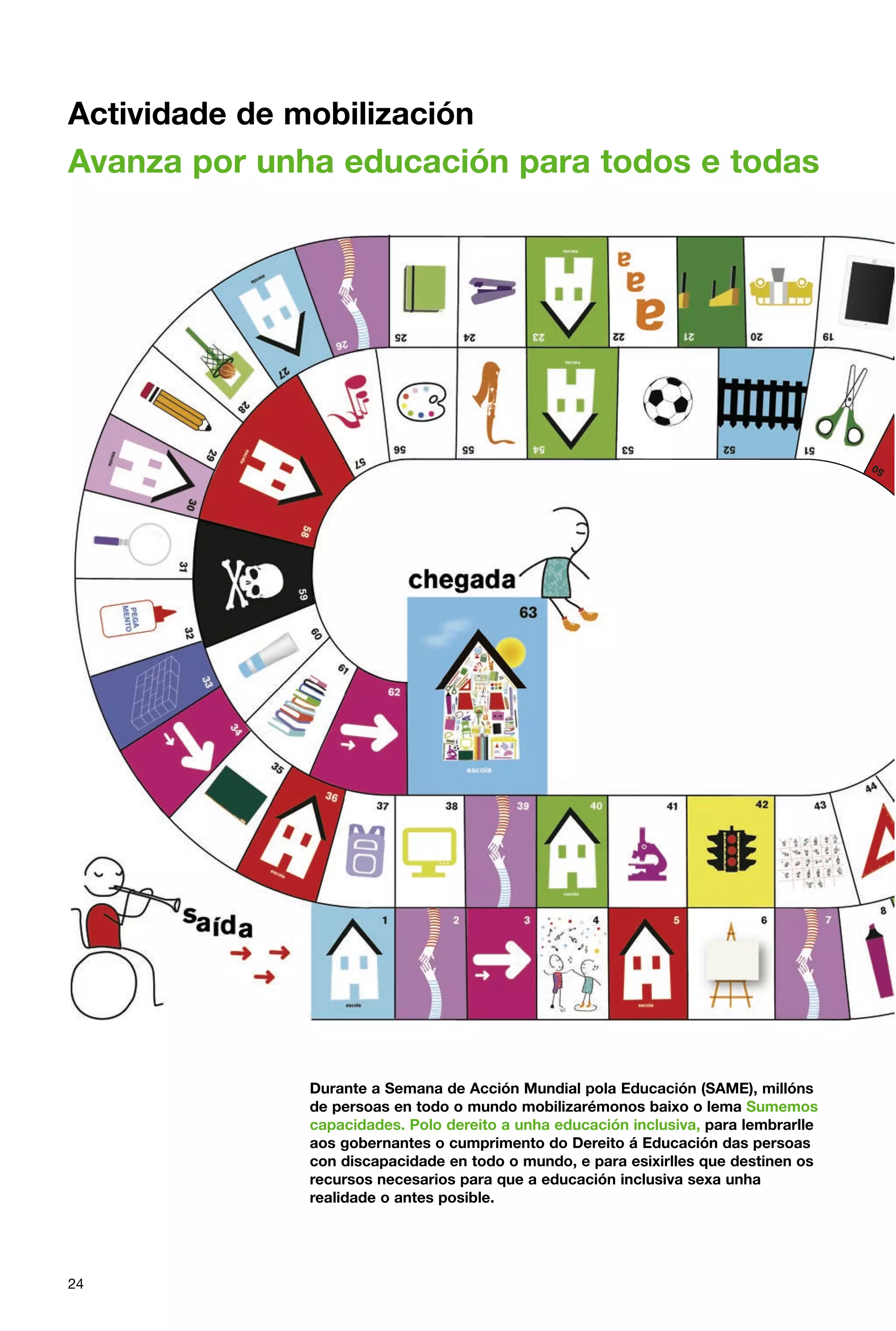 Actividade de mobilización

Avanza por unha educación para todos e todas

Durante a Semana de Acción Mundial pola Educación (SAME), millóns
de persoas en todo o mundo mobilizarémonos baixo o lema Sumemos
capacidades. Polo dereito a unha educación inclusiva, para lembrarlle
aos gobernantes o cumprimento do Dereito á Educación das persoas
con discapacidade en todo o mundo, e para esixirlles que destinen os
recursos necesarios para que a educación inclusiva sexa unha
realidade o antes posible.

24

 
