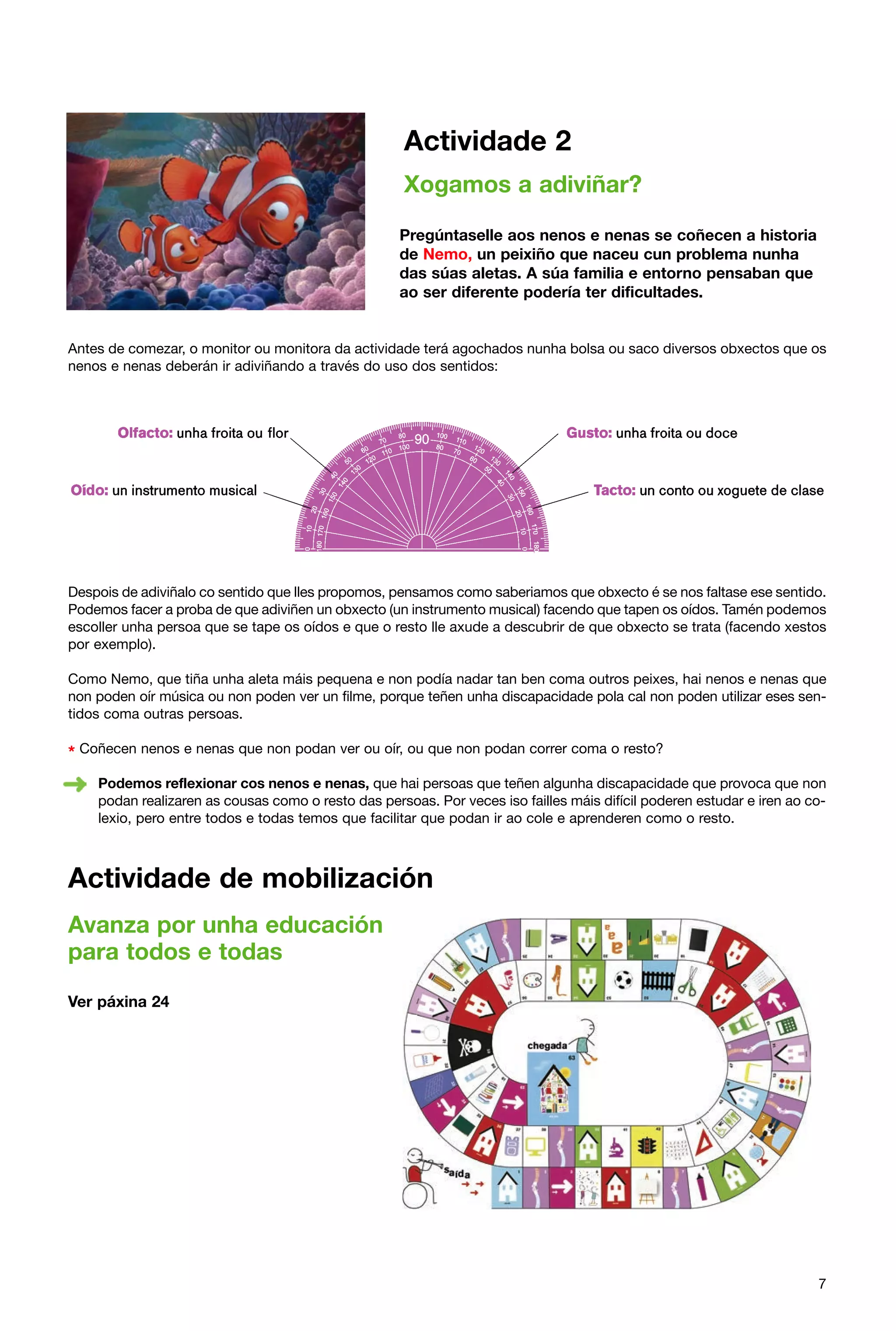 Actividade 2
Xogamos a adiviñar?
Pregúntaselle aos nenos e nenas se coñecen a historia
de Nemo, un peixiño que naceu cun problema nunha
das súas aletas. A súa familia e entorno pensaban que
ao ser diferente podería ter dificultades.

Antes de comezar, o monitor ou monitora da actividade terá agochados nunha bolsa ou saco diversos obxectos que os
nenos e nenas deberán ir adiviñando a través do uso dos sentidos:

Despois de adiviñalo co sentido que lles propomos, pensamos como saberiamos que obxecto é se nos faltase ese sentido.
Podemos facer a proba de que adiviñen un obxecto (un instrumento musical) facendo que tapen os oídos. Tamén podemos
escoller unha persoa que se tape os oídos e que o resto lle axude a descubrir de que obxecto se trata (facendo xestos
por exemplo).
Como Nemo, que tiña unha aleta máis pequena e non podía nadar tan ben coma outros peixes, hai nenos e nenas que
non poden oír música ou non poden ver un filme, porque teñen unha discapacidade pola cal non poden utilizar eses sentidos coma outras persoas.

* Coñecen nenos e nenas que non podan ver ou oír, ou que non podan correr coma o resto?
Podemos reflexionar cos nenos e nenas, que hai persoas que teñen algunha discapacidade que provoca que non
podan realizaren as cousas como o resto das persoas. Por veces iso failles máis difícil poderen estudar e iren ao colexio, pero entre todos e todas temos que facilitar que podan ir ao cole e aprenderen como o resto.

Actividade de mobilización
Avanza por unha educación
para todos e todas
Ver páxina 24

7

 
