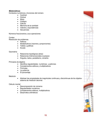 13
Matemáticas
Contextos numéricos y funciones del número
 Cardinal
 Ordinal
 Mixto
 Códigos
 Cálculo
 Memoria de la cantidad
 Valores y equivalencias
 Secuencias
Números fraccionarios y sus operaciones
Conteo
Resolución de problemas
 Aditivos
 Multiplicativos (razones y proporciones)
 Tablas y gráficas
 Escala
Geometría
 Relaciones topológicas (área)
 Relaciones tridimensionales (cuerpos)
 Ángulos, lados, paralelismo, simetría
Principios de álgebra
 Identifica regularidades numéricas y patrones
 Complementos aditivos y multiplicativos
 Fórmulas
 La potencia
 El porcentaje
Medición
 Abstraer las propiedades de magnitudes continuas y discontinuas de los objetos-
sistema de medición decimal.
Cálculo mental
 Descomposición de números
 Regularidades numéricos
 Complementos aditivos, multiplicativos
 Desarrollos aritméticos
 