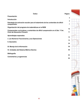 4
Índice Página
Presentación
3
Introducción
4
Estrategia de activación escolar para el tratamiento de los contenidos de difícil
comprensión 7
Organización del programa de matemáticas en la RIEB
10
Componentes curriculares y contenidos de difícil comprensión en el 2do. Y 3er.
Ciclo de Educación Primaria 11
Aprendizajes esperados
12
I. Los Números Fraccionarios y sus Operaciones
13
II. Geometría
24
III. Manejo de la Información 59
IV. Unidades del Sistema Métrico Decima 68
Bibliografía
83
Comentarios y sugerencias
84
 