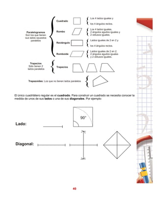 40
El único cuadrilátero regular es el cuadrado. Para construir un cuadrado se necesita conocer la
medida de unos de sus lados o una de sus diagonales. Por ejemplo:
Paralelogramos
Son los que tienen
sus lados opuestos
paralelos
Trapecios
Sólo tienen 2
lados paralelos
Cuadrado
Rombo
Rectángulo
Romboide
Trapecios
{
{
{
{
{
{
Los 4 lados iguales y
los 4 ángulos rectos.
Los 4 lados iguales,
2 ángulos agudos iguales y
2 obtusos iguales.
Lados iguales de 2 en 2 y
los 4 ángulos rectos.
Lados iguales de 2 en 2,
2 ángulos agudos iguales
y 2 obtusos iguales.
Trapezoides: Los que no tienen lados paralelos
90°
Lado:
Diagonal:
 