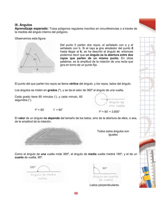 59
IX. Ángulos
Aprendizaje esperado: Traza polígonos regulares inscritos en circunferencias o a través de
la medida del ángulo interno del polígono.
Observemos esta figura:
Del punto 0 parten dos rayos: el señalado con a y el
señalado con b. Si el rayo a gira alrededor del punto 0
hasta llegar al b, se ha descrito el ángulo m; entonces
podemos decir que un ángulo es la abertura entre dos
rayos que parten de un mismo punto. En otras
palabras: es la amplitud de la rotación de una recta que
gira en torno de un punto fijo.
El punto del que parten los rayos se llama vértice del ángulo, y los rayos, lados del ángulo.
Los ángulos se miden en grados (º), y se da el valor de 360º al ángulo de una vuelta.
Cada grado tiene 60 minutos (‘), y cada minuto, 60
segundos (“).
1º = 60’ 1’ = 60”
1º = 60’ = 3,600”
El valor de un ángulo no depende del tamaño de los lados, sino de la abertura de ellos, o sea,
de la amplitud de la rotación.
Todos estos ángulos son
iguales
Como el ángulo de una vuelta mide 360º, el ángulo de media vuelta medirá 180º, y el de un
cuarto de vuelta, 90º.
Lados perpendiculares
 