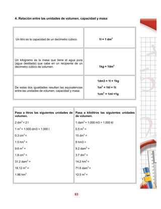 83
4. Relación entre las unidades de volumen, capacidad y masa
Un litro es la capacidad de un decímetro cúbico. 1l = 1 dm3
Un kilogramo es la masa que tiene el agua pura
(agua destilada) que cabe en un recipiente de un
decímetro cúbico de volumen. 1kg = 1dm3
De estas dos igualdades resultan las equivalencias
entre las unidades de volumen, capacidad y masa:
1dm3 = 1l = 1kg
1m3
= 1kl = 1t
1cm3
= 1ml =1g
Pasa a litros las siguientes unidades de
volumen.
2 dm3
= 2 l
1 m3
= 1.000 dm3 = 1.000 l
0.3 cm3
=
1.5 hm3
=
9.6 m3
=
1.8 cm3
=
31.2 dam3
=
16.12 m3
=
1.96 hm3
Pasa a kilolitros las siguientes unidades
de volumen.
1 dam3
= 1.000 m3 = 1.000 kl
0.5 m3
=
15 dm3
=
8 hm3 =
9.2 dam3
=
3.7 dm3
=
14.2 hm3
=
71.6 dam3
=
12.5 m3
=
 