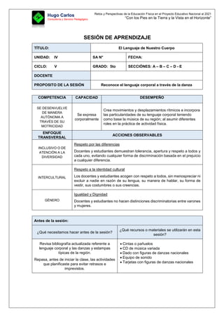 Retos y Perspectivas de la Educación Física en el Proyecto Educativo Nacional al 2021
“Con los Pies en la Tierra y la Vista en el Horizonte”
Hugo Carlos
Consultoría y Servicio Pedagógico
SESIÓN DE APRENDIZAJE
TÍTULO: El Lenguaje de Nuestro Cuerpo
UNIDAD: IV SA N° FECHA:
CICLO: V GRADO: 5to SECCIÓNES: A – B – C – D - E
DOCENTE
PROPOSITO DE LA SESIÓN Reconoce el lenguaje corporal a través de la danza
COMPETENCIA CAPACIDAD DESEMPEÑO
SE DESENVUELVE
DE MANERA
AUTÓNOMA A
TRAVÉS DE SU
MOTRICIDAD
Se expresa
corporalmente
Crea movimientos y desplazamientos rítmicos e incorpora
las particularidades de su lenguaje corporal teniendo
como base la música de su región; al asumir diferentes
roles en la práctica de actividad física.
ENFOQUE
TRANSVERSAL
ACCIONES OBSERVABLES
INCLUSIVO O DE
ATENCIÓN A LA
DIVERSIDAD
Respeto por las diferencias
Docentes y estudiantes demuestran tolerancia, apertura y respeto a todos y
cada uno, evitando cualquier forma de discriminación basada en el prejuicio
a cualquier diferencia.
INTERCULTURAL
Respeto a la identidad cultural
Los docentes y estudiantes acogen con respeto a todos, sin menospreciar ni
excluir a nadie en razón de su lengua, su manera de hablar, su forma de
vestir, sus costumbres o sus creencias.
GÉNERO
Igualdad y Dignidad
Docentes y estudiantes no hacen distinciones discriminatorias entre varones
y mujeres.
Antes de la sesión:
¿Qué necesitamos hacer antes de la sesión?
¿Qué recursos o materiales se utilizarán en esta
sesión?
Revisa bibliografía actualizada referente a
lenguaje corporal y las danzas y estampas
típicas de la región.
Repasa, antes de iniciar la clase, las actividades
que planificaste para evitar retrasos e
imprevistos.
 Cintas o pañuelos
 CD de música variada
 Dado con figuras de danzas nacionales
 Equipo de sonido
 Tarjetas con figuras de danzas nacionales
 