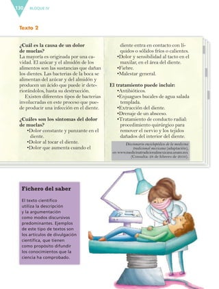 BLOQUE IV130
Fichero del saber
El texto científico
utiliza la descripción
y la argumentación
como modos discursivos
predominantes. Ejemplos
de este tipo de textos son
los artículos de divulgación
científica, que tienen
como propósito difundir
los conocimientos que la
ciencia ha comprobado.
¿Cuál es la causa de un dolor
de muelas?
La mayoría es originada por una ca-
vidad. El azúcar y el almidón de los
alimentos son las sustancias que dañan
los dientes. Las bacterias de la boca se
alimentan del azúcar y del almidón y
producen un ácido que puede ir dete-
riorándolos, hasta su destrucción.
Existen diferentes tipos de bacterias
involucradas en este proceso que pue-
de producir una infección en el diente.
¿Cuáles son los síntomas del dolor
de muelas?
•Dolor constante y punzante en el
diente.
•Dolor al tocar el diente.
•Dolor que aumenta cuando el
diente entra en contacto con lí-
quidos o sólidos fríos o calientes.
•Dolor y sensibilidad al tacto en el
maxilar, en el área del diente.
•Fiebre.
•Malestar general.
El tratamiento puede incluir:
•Antibióticos.
•Enjuagues bucales de agua salada
templada.
•Extracción del diente.
•Drenaje de un absceso.
•Tratamiento de conducto radial:
procedimiento quirúrgico para
remover el nervio y los tejidos
dañados del interior del diente.
Diccionario enciclopédico de la medicina
tradicional mexicana (adaptación),
en www.medicinatradicionalmexicana.unam.mx
(Consulta: 28 de febrero de 2010).
Texto 2
ESP-6-P-124-157.indd 130 19/08/15 12:30
 