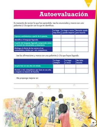 Autoevaluación
169
Es momento de revisar lo que has aprendido. Lee los enunciados y marca con una
palomita ( ) la opción con la que te identificas.
Lo hago
muy bien
Lo hago a veces
y puedo mejorar
Necesito ayuda
para hacerlo
Expreso sentimientos a partir de la poesía.
Identifico el lenguaje figurado.
A partir del lenguaje figurado comprendo cómo
se evocan las sensaciones y emociones.
Distingo el efecto de los versos al ser
comentados y leídos por mis compañeros.
Lee las afirmaciones y marca con una palomita ( ) lo que hayas logrado.
Lo hago
siempre
Lo hago
a veces
Me falta
hacerlo
Acepto leer en voz alta sin miedo.
Permito a mis compañeros que lean en voz alta
y respeto su manera de hacerlo.
Me propongo mejorar en:
ESP-6-P-158-184.indd 169 19/08/15 12:32
 