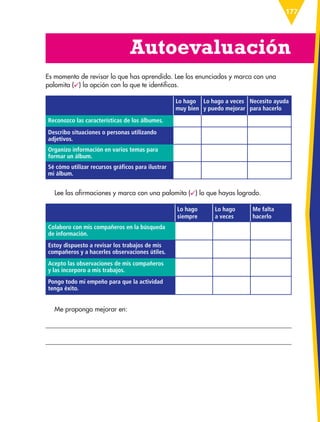 177
Autoevaluación
Es momento de revisar lo que has aprendido. Lee los enunciados y marca con una
palomita ( ) la opción con la que te identificas.
Lo hago
muy bien
Lo hago a veces
y puedo mejorar
Necesito ayuda
para hacerlo
Reconozco las características de los álbumes.
Describo situaciones o personas utilizando
adjetivos.
Organizo información en varios temas para
formar un álbum.
Sé cómo utilizar recursos gráficos para ilustrar
mi álbum.
Lee las afirmaciones y marca con una palomita ( ) lo que hayas logrado.
Lo hago
siempre
Lo hago
a veces
Me falta
hacerlo
Colaboro con mis compañeros en la búsqueda
de información.
Estoy dispuesto a revisar los trabajos de mis
compañeros y a hacerles observaciones útiles.
Acepto las observaciones de mis compañeros
y las incorporo a mis trabajos.
Pongo todo mi empeño para que la actividad
tenga éxito.
Me propongo mejorar en:
ESP-6-P-158-184.indd 177 19/08/15 12:32
 
