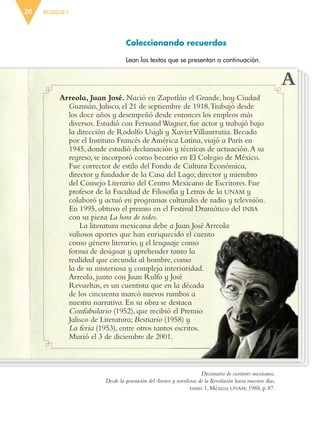 BLOQUE I20
Arreola, Juan José. Nació en Zapotlán el Grande, hoy Ciudad
Guzmán, Jalisco, el 21 de septiembre de 1918.Trabajó desde
los doce años y desempeñó desde entonces los empleos más
diversos. Estudió con FernandWagner, fue actor y trabajó bajo
la dirección de Rodolfo Usigli y XavierVillaurrutia. Becado
por el Instituto Francés de América Latina, viajó a París en
1945, donde estudió declamación y técnicas de actuación.A su
regreso, se incorporó como becario en El Colegio de México.
Fue corrector de estilo del Fondo de Cultura Económica,
director y fundador de la Casa del Lago; director y miembro
del Consejo Literario del Centro Mexicano de Escritores. Fue
profesor de la Facultad de Filosofía y Letras de la UNAM y
colaboró y actuó en programas culturales de radio y televisión.
En 1995, obtuvo el premio en el Festival Dramático del INBA
con su pieza La hora de todos.
La literatura mexicana debe a Juan José Arreola
valiosos aportes que han enriquecido el cuento
como género literario, y el lenguaje como
forma de designar y aprehender tanto la
realidad que circunda al hombre, como
la de su misteriosa y compleja interioridad.
Arreola, junto con Juan Rulfo y José
Revueltas, es un cuentista que en la década
de los cincuenta marcó nuevos rumbos a
nuestra narrativa. En su obra se destaca
Confabulario (1952), que recibió el Premio
Jalisco de Literatura; Bestiario (1958) y
La feria (1953), entre otros tantos escritos.
Murió el 3 de diciembre de 2001.
Diccionario de escritores mexicanos.
Desde la generación del Ateneo y novelistas de la Revolución hasta nuestros días,
tomo 1, México, UNAM, 1988, p. 87.
Coleccionando recuerdos
Lean los textos que se presentan a continuación.
ESP-6-P-001-041.indd 20 19/08/15 12:12
 