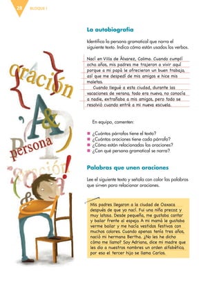 BLOQUE I28
La autobiografía
Identifica la persona gramatical que narra el
siguiente texto. Indica cómo están usados los verbos.
En equipo, comenten:
nn ¿Cuántos párrafos tiene el texto?
nn ¿Cuántas oraciones tiene cada párrafo?
nn ¿Cómo están relacionadas las oraciones?
nn ¿Con qué persona gramatical se narra?
Palabras que unen oraciones
Lee el siguiente texto y señala con color las palabras
que sirven para relacionar oraciones.
Mis padres llegaron a la ciudad de Oaxaca
después de que yo nací. Fui una niña precoz y
muy latosa. Desde pequeña, me gustaba cantar
y bailar frente al espejo. A mi mamá le gustaba
verme bailar y me hacía vestidos festivos con
muchos colores. Cuando apenas tenía tres años,
nació mi hermana Bertha. ¿No les he dicho
cómo me llamo? Soy Adriana, dice mi madre que
les dio a nuestros nombres un orden alfabético,
por eso el tercer hijo se llama Carlos.
Nací en Villa de Álvarez, Colima. Cuando cumplí
ocho años, mis padres me trajeron a vivir aquí
porque a mi papá le ofrecieron un buen trabajo,
así que me despedí de mis amigos e hice mis
maletas.
Cuando llegué a esta ciudad, durante las
vacaciones de verano, todo era nuevo, no conocía
a nadie, extrañaba a mis amigos, pero todo se
resolvió cuando entré a mi nueva escuela.
ESP-6-P-001-041.indd 28 19/08/15 12:12
 
