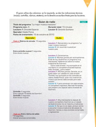 35
Locutora 1: Bienvenidos a su programa “La
mejor música mexicana”.
Locutor 2: Un recorrido musical por
nuestro país.
Locutora 1: Comenzamos.
Locutor 2: Muchas gracias por acompañarnos.
El día de hoy, tendremos un programa muy
interesante. Hablaremos sobre la música
tradicional de Guerrero.
Como cada emisión, me acompaña en el
micrófono mi compañera Graciela Esparza.
Hola, Graciela, ¿cómo estás?
Locutora 1: Muchas gracias, Gerardo, es un
gusto estar con ustedes en cada emisión.
También nos acompaña en los controles en
cabina, Estela Ponce, quien nos mostrará la
música que hemos seleccionado para esta
ocasión.
Locutor 2: Y para comenzar con esta emisión,
mi compañera reportera, Marcela Fernández,
nos preparó una cápsula sobre el estado de
Guerrero.
Locutora 1: Muy interesante la cápsula de
nuestra compañera. Guerrero es un estado
verdaderamente rico en historia y tradiciones.
Locutor 2: Así que no se vayan, porque vamos
a escuchar música tradicional del estado de
Guerrero. Vamos a unos anuncios comerciales
y regresamos.
El guion utiliza dos columnas: en la izquierda, se dan las indicaciones técnicas
(música, cortinillas, rúbricas, etcétera) y en la derecha se escribe el texto para los locutores.
Guion de radio
Título del programa: “La mejor música mexicana”
Programa núm.: 5 Duración total: 15 minutos
Locutora 1: Graciela Esparza Locutor 2: Gerardo Quintana
Operador: Estela Ponce
Fecha de transmisión: 15 de octubre de 2010
Fade in. Rúbrica de entrada: 10 segundos.
Entra cortinilla musical: 5 segundos.
Entra fondo musical.
Cortinilla: 5 segundos.
Entra cápsula “El estado de Guerrero”.
Cortinilla: 5 segundos.
Entra fondo musical.
Fade out. Entra rúbrica de salida:
10 segundos.
Entran anuncios comerciales.
Operador Audio
1 de 6
ESP-6-P-001-041.indd 35 19/08/15 12:13
 