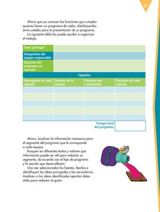 37
Ahora que ya conocen las funciones que cumplen
quienes hacen un programa de radio, distribúyanlas
entre ustedes para la presentación de su programa.
La siguiente tabla les puede ayudar a organizar
el trabajo.
Tema principal
Integrantes del
equipo responsable
Duración del
programa sin
cápsulas
Cápsulas
Encargados de cada
cápsula
Nombre de la
cápsula
Fuentes que
consultarán
Duración de cada
cápsula
Tiempo total
del programa:
Ahora, localicen la información necesaria para
el segmento del programa que le corresponde
a cada equipo.
Busquen en diferentes textos y valoren qué
información puede ser útil para redactar su
segmento, de acuerdo con el tipo de programa
y la sección que desarrollarán.
Una vez seleccionadas las fuentes, léanlas e
identifiquen las ideas principales y las secundarias.
Analicen si las ideas identificadas aportan datos
útiles para redactar el guion.
ESP-6-P-001-041.indd 37 19/08/15 12:13
 