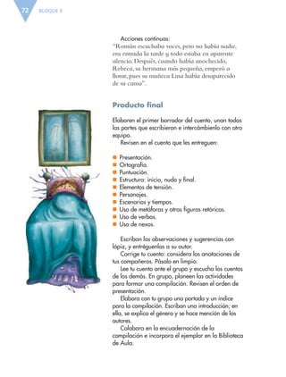 BLOQUE II72
Acciones continuas:
“Román escuchaba voces, pero no había nadie,
era entrada la tarde y todo estaba en aparente
silencio. Después, cuando había anochecido,
Rebeca, su hermana más pequeña, empezó a
llorar, pues su muñeca Lina había desaparecido
de su cama”.
Producto final
Elaboren el primer borrador del cuento, unan todas
las partes que escribieron e intercámbienlo con otro
equipo.
Revisen en el cuento que les entreguen:
nn Presentación.
nn Ortografía.
nn Puntuación.
nn Estructura: inicio, nudo y final.
nn Elementos de tensión.
nn Personajes.
nn Escenarios y tiempos.
nn Uso de metáforas y otras figuras retóricas.
nn Uso de verbos.
nn Uso de nexos.
Escriban las observaciones y sugerencias con
lápiz, y entréguenlas a su autor.
Corrige tu cuento: considera las anotaciones de
tus compañeros. Pásalo en limpio.
Lee tu cuento ante el grupo y escucha los cuentos
de los demás. En grupo, planeen las actividades
para formar una compilación. Revisen el orden de
presentación.
Elabora con tu grupo una portada y un índice
para la compilación. Escriban una introducción; en
ella, se explica el género y se hace mención de los
autores.
Colabora en la encuadernación de la
compilación e incorpora el ejemplar en la Biblioteca
de Aula.
ESP-6-P-042-085.indd 72 19/08/15 12:16
 