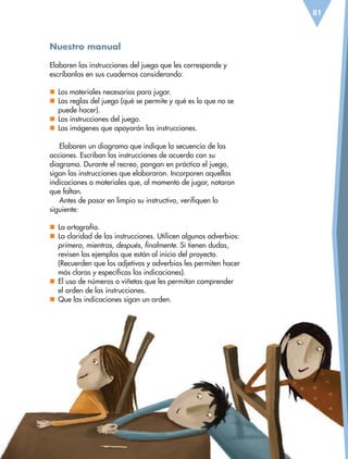 81
Nuestro manual
Elaboren las instrucciones del juego que les corresponde y
escríbanlas en sus cuadernos considerando:
nn Los materiales necesarios para jugar.
nn Las reglas del juego (qué se permite y qué es lo que no se
puede hacer).
nn Las instrucciones del juego.
nn Las imágenes que apoyarán las instrucciones.
Elaboren un diagrama que indique la secuencia de las
acciones. Escriban las instrucciones de acuerdo con su
diagrama. Durante el recreo, pongan en práctica el juego,
sigan las instrucciones que elaboraron. Incorporen aquellas
indicaciones o materiales que, al momento de jugar, notaron
que faltan.
Antes de pasar en limpio su instructivo, verifiquen lo
siguiente:
nn La ortografía.
nn La claridad de las instrucciones. Utilicen algunos adverbios:
primero, mientras, después, finalmente. Si tienen dudas,
revisen los ejemplos que están al inicio del proyecto.
(Recuerden que los adjetivos y adverbios les permiten hacer
más claras y específicas las indicaciones).
nn El uso de números o viñetas que les permitan comprender
el orden de las instrucciones.
nn Que las indicaciones sigan un orden.
ESP-6-P-042-085.indd 81 19/08/15 12:17
 
