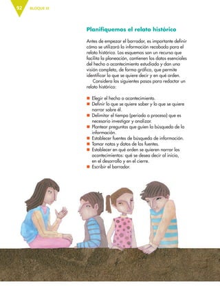 BLOQUE III92
Planifiquemos el relato histórico
Antes de empezar el borrador, es importante definir
cómo se utilizará la información recabada para el
relato histórico. Los esquemas son un recurso que
facilita la planeación, contienen los datos esenciales
del hecho o acontecimiento estudiado y dan una
visión completa, de forma gráfica, que permite
identificar lo que se quiere decir y en qué orden.
Considera los siguientes pasos para redactar un
relato histórico:
nn Elegir el hecho o acontecimiento.
nn Definir lo que se quiere saber y lo que se quiere
narrar sobre él.
nn Delimitar el tiempo (periodo o proceso) que es
necesario investigar y analizar.
nn Plantear preguntas que guíen la búsqueda de la
información.
nn Establecer fuentes de búsqueda de información.
nn Tomar notas y datos de las fuentes.
nn Establecer en qué orden se quieren narrar los
acontecimientos: qué se desea decir al inicio,
en el desarrollo y en el cierre.
nn Escribir el borrador.
ESP-6-P-086-123.indd 92 19/08/15 12:27
 