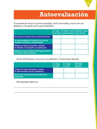95
Autoevaluación
Es momento de revisar lo que has aprendido. Lee los enunciados y marca con una
palomita ( ) la opción con la que te identificas.
Lo hago
muy bien
Lo hago a veces
y puedo mejorar
Necesito ayuda
para hacerlo
Reconozco la función de los relatos históricos.
Sé cómo establecer el orden de los sucesos
relatados (sucesión y simultaneidad).
Redacto un texto en párrafos cuidando
la cohesión, la ortografía y la puntuación.
Empleo las características del lenguaje formal
al escribir relatos históricos.
Lee las afirmaciones y marca con una palomita ( ) lo que hayas logrado.
Lo hago
siempre
Lo hago
a veces
Me falta
hacerlo
Corrijo mis textos tomando en cuenta
las observaciones de mis compañeros.
Reviso mis escritos antes de considerarlos
terminados.
Me propongo mejorar en:
ESP-6-P-086-123.indd 95 19/08/15 12:27
 