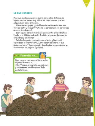 Consulta en…
97
Para conocer más sobre el tema, entra
al portal Primaria TIC:
‹http://basica.primariatic.sep.gob.mx›
y anota teatro en el buscador de la
pestaña Busca.
Lo que conozco
Para que puedas adaptar un cuento como obra de teatro, es
importante que recuerdes y utilices los conocimientos que has
adquirido en ciclos anteriores.
Comenten en grupo: ¿qué diferencias existen entre leer una
obra de teatro y un cuento? ¿Cómo se caracterizan los personajes
en cada tipo de texto?
Lean alguna obra de teatro que se encuentre en la Biblioteca
Escolar o la Biblioteca de Aula. También, si pueden, busquen en
otros libros y en internet.
Señalen las partes que conforman el texto. ¿Cómo está
organizada la información? ¿Cómo saben los actores lo que
tienen que hacer? Como ejemplo, lean la obra en un acto que se
encuentra en las páginas siguientes.
ESP-6-P-086-123.indd 97 19/08/15 12:27
 