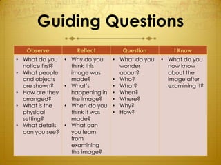 Guiding Questions
   Observe            Reflect         Question         I Know
• What do you     • Why do you     • What do you   • What do you
  notice first?     think this       wonder          now know
• What people       image was        about?          about the
  and objects       made?          • Who?            image after
  are shown?      • What’s         • What?           examining it?
• How are they      happening in   • When?
  arranged?         the image?     • Where?
• What is the     • When do you    • Why?
  physical          think it was   • How?
  setting?          made?
• What details    • What can
  can you see?      you learn
                    from
                    examining
                    this image?
 