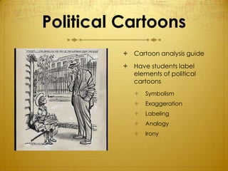 Political Cartoons
           Cartoon analysis guide
           Have students label
            elements of political
            cartoons
                Symbolism
                Exaggeration
                Labeling
                Analogy
                Irony
 