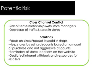 Potentialrisk
Cross Channel Conflict
•Risk of tenserelationshipswith store managers
•Decrease of traffic& sales in stores
Solutions
•Focus on sizes/Product lesssold in shops
•Help stores by using discounts based on amount
of purchase and not aggressive discounts
•Reminders of stores locations on the website
•Dedicted intranet withtools and ressources for
retailers

 