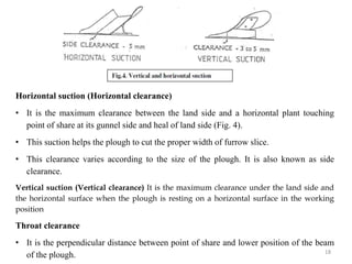 Horizontal suction (Horizontal clearance)
• It is the maximum clearance between the land side and a horizontal plant touching
point of share at its gunnel side and heal of land side (Fig. 4).
• This suction helps the plough to cut the proper width of furrow slice.
• This clearance varies according to the size of the plough. It is also known as side
clearance.
Vertical suction (Vertical clearance) It is the maximum clearance under the land side and
the horizontal surface when the plough is resting on a horizontal surface in the working
position
Throat clearance
• It is the perpendicular distance between point of share and lower position of the beam
of the plough. 18
 
