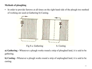 Methods of ploughing
• In order to provide furrows at all times on the right hand side of the plough two method
of working are used a) Gathering b) Casting.
Fig 8 a. Gathering b. Casting
a) Gathering - Whenever a plough works round a strip of ploughed land, it is said to be
gathering.
b) Casting - Whenever a plough works round a strip of unploughed land, it is said to be
casting.
33
 