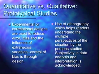 Quantitative vs. Qualitative:
Prototypical Studies
 Experimental or
correlational designs
are used to reduce
error, bias and the
influence of
extraneous
variables--control of
bias is through
design.
 Use of ethnography,
which helps readers
understand the
multiple
perspectives of the
situation by the
persons studied.
Subjectivity in data
analysis and
interpretation is
acknowledged.
 
