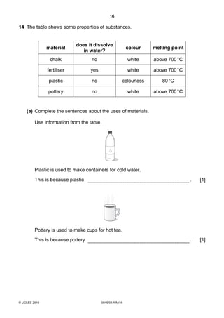 16
© UCLES 2016 0846/01/A/M/16
14 The table shows some properties of substances.
material
does it dissolve
in water?
colour melting point
chalk no white above 700°C
fertiliser yes white above 700°C
plastic no colourless 80°C
pottery no white above 700°C
(a) Complete the sentences about the uses of materials.
Use information from the table.
Plastic is used to make containers for cold water.
This is because plastic . [1]
Pottery is used to make cups for hot tea.
This is because pottery . [1]
 