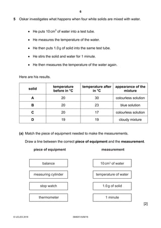 6
© UCLES 2016 0846/01/A/M/16
5 Oskar investigates what happens when four white solids are mixed with water.
 He puts 10cm3
of water into a test tube.
 He measures the temperature of the water.
 He then puts 1.0g of solid into the same test tube.
 He stirs the solid and water for 1 minute.
 He then measures the temperature of the water again.
Here are his results.
solid
temperature
before in °C
temperature after
in °C
appearance of the
mixture
A 20 30 colourless solution
B 20 23 blue solution
C 20 17 colourless solution
D 19 19 cloudy mixture
(a) Match the piece of equipment needed to make the measurements.
Draw a line between the correct piece of equipment and the measurement.
thermometer
balance 10cm3
of water
1 minute
1.0g of solid
temperature of water
stop watch
measuring cylinder
piece of equipment measurement
[2]
 
