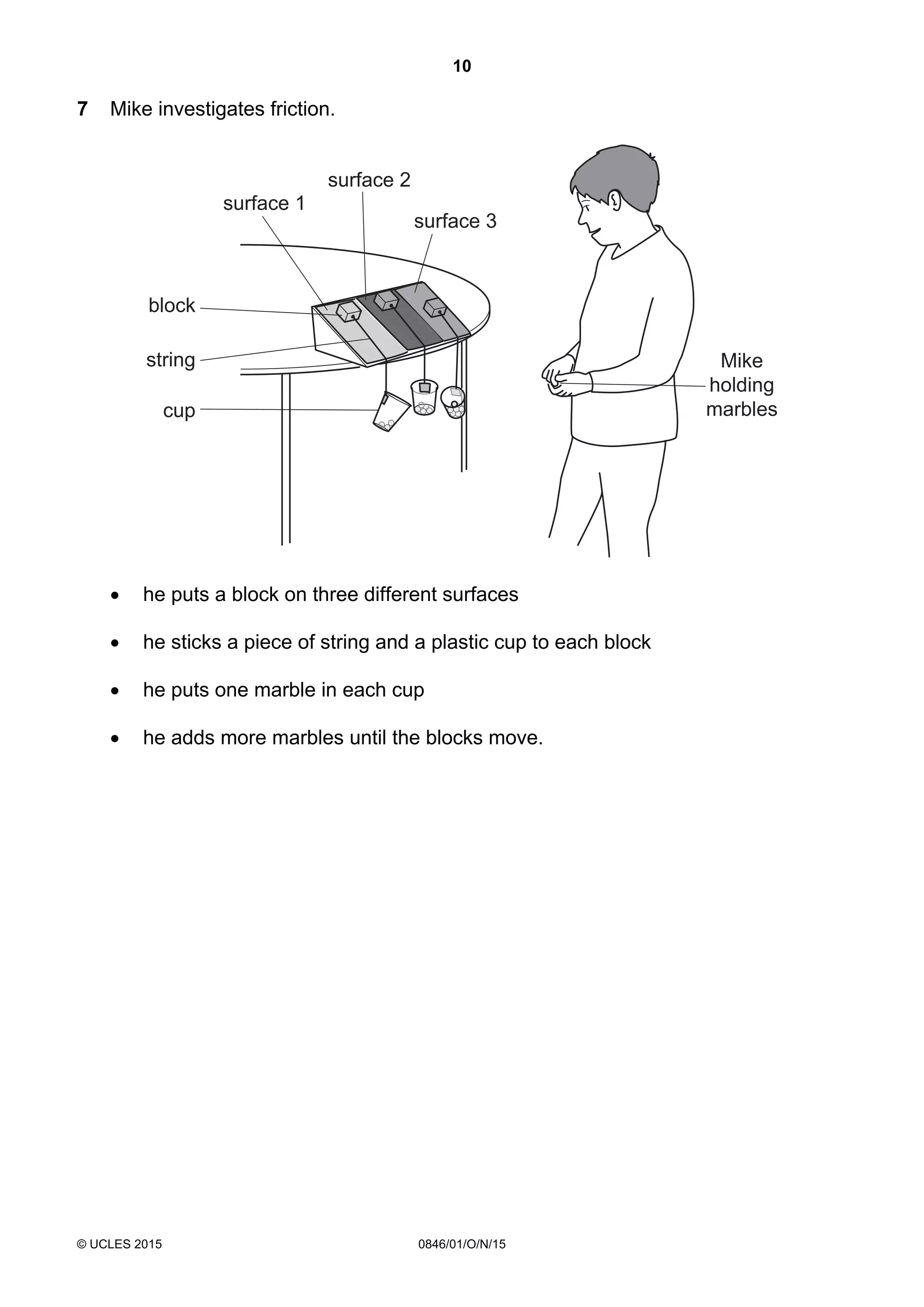 10
© UCLES 2015 0846/01/O/N/15
7 Mike investigates friction.
surface 1
surface 2
surface 3
Mike
holding
marbles
block
string
cup
 he puts a block on three different surfaces
 he sticks a piece of string and a plastic cup to each block
 he puts one marble in each cup
 he adds more marbles until the blocks move.
 