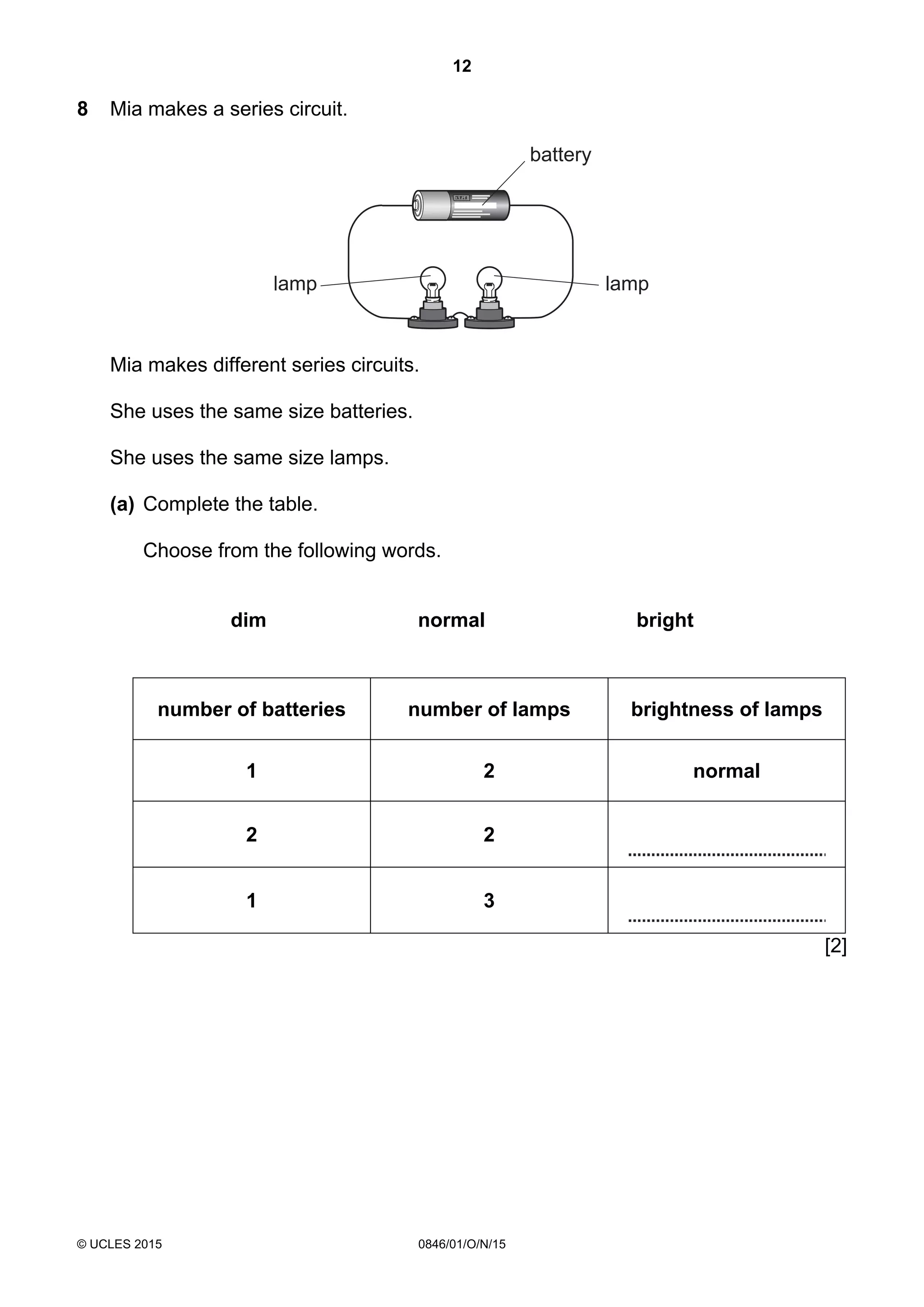 12
© UCLES 2015 0846/01/O/N/15
8 Mia makes a series circuit.
battery
lamplamp
Mia makes different series circuits.
She uses the same size batteries.
She uses the same size lamps.
(a) Complete the table.
Choose from the following words.
dim normal bright
number of batteries number of lamps brightness of lamps
1 2 normal
2 2
1 3
[2]
 