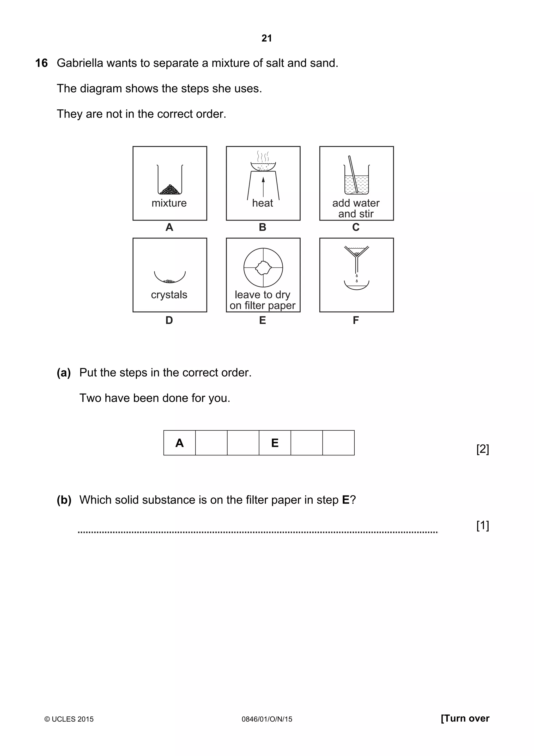 21
© UCLES 2015 0846/01/O/N/15 [Turn over
16 Gabriella wants to separate a mixture of salt and sand.
The diagram shows the steps she uses.
They are not in the correct order.
mixture heat add water
and stir
A B C
D E F
crystals leave to dry
on filter paper
(a) Put the steps in the correct order.
Two have been done for you.
A E [2]
(b) Which solid substance is on the filter paper in step E?
[1]
 