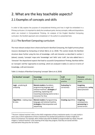 2. What are the key teachable aspects?
2.1 Examples of concepts and skills
In order to fully explore the purpose of computational thinking and how it might be embedded in a
Primary curriculum, it’s important to clarify the constituent parts: the key concepts, skills and dispositions
which are involved in Computational Thinking. An analysis of the English Barefoot Computing
curriculum, the Scottish approach and a breakdown of the author’s is presented here.
2.1.1 The Barefoot Computing curriculum
The most relevant analysis here is that to be found in Barefoot Computing, the English primary phase
resource developed by Computing at School (Berry et al, 2018). This section breaks the Barefoot
structure down further using the lens of knowledge, craft and character as described in section 1
(above). Loosely, ‘concepts’ maps onto ‘knowledge’ and ‘skills’ onto ‘craft’, but also added here is
‘character’ the dispositional aspects that lead to successful Computational Thinking. Barefoot define
six ‘concepts’ and five ‘approaches to working’, which are analysed in tables 2.1 and 2.2 in terms of
knowledge, craft and character:
Table 2.1 Analysis of Barefoot Computing ‘concepts’ (Berry et al, 2018)
Six Barefoot ‘concepts’ Knowledge
facts, mental-models & strategies
Craft
skills through
practice
Character
emotions, attitudes,
values
Logic - predicting &
analysing
Mental-models of problem,
programming language and
notional machine4
, strategies of
predicting, explaining and
reasoning (analysing seems to be a
misnomer for this)
Evaluating for
correctness
Imagining
consequences, caring
about precision
Algorithms - making steps
& rules
Mental-models of programming
language and notional machine,
strategies of decomposition and
sequencing
Creating algorithms Imagining
consequences,
persevering to
correct errors
4
The term ‘notional machine’ refers to the child’s imagination of how a mechanism works. It is used, tacitly in
most cases, to form explanations of how a mechanism has worked and predictions of what it might do in
future circumstances. For example, when children play with the BeeBot (a programmable toy robot), they will
imagine a ‘notional machine’ in the meaning of the steps they program, how they are stored and then
executed when they press the ‘Go’ button.
 