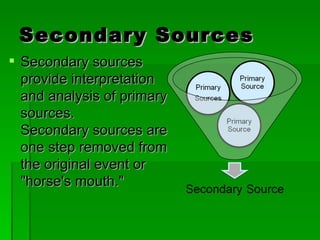 Secondary Sources Secondary sources provide interpretation and analysis of primary sources. Secondary sources are one step removed from the original event or "horse's mouth."