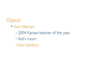 Objects Kiel Hileman 2004 Kansas teacher of the year Keil's room See handout 