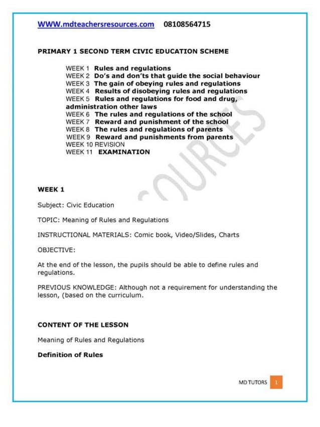 Civic Education lesson Note for Primary 1 PDF
