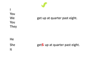 I
You
We get up at quarter past eight.
You
They
He
She gets up at quarter past eight.
It
 