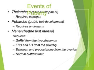 • Thelarche (breast development)
– Requires estrogen
• Pubarche (pubic hair development)
– Requires androgens
• Menarche(the first mense)
Requires:
– GnRH from the hypothalamus
– FSH and LH from the pituitary
– Estrogen and progesterone from the ovaries
– Normal outflow tract
Events of
Puberty
 