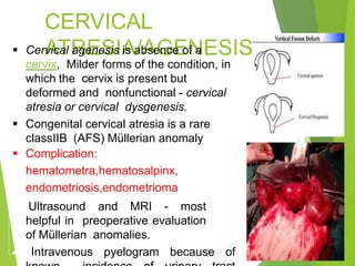 CERVICAL
ATRESIA/AGENESIS
 Cervical agenesis is absence of a
cervix, Milder forms of the condition, in
which the cervix is present but
deformed and nonfunctional - cervical
atresia or cervical dysgenesis.
 Congenital cervical atresia is a rare
classIIB (AFS) Müllerian anomaly
 Complication:
hematometra,hematosalpinx,
endometriosis,endometrioma
 Ultrasound and MRI - most
helpful in preoperative evaluation
of Müllerian anomalies.
 Intravenous pyelogram because of
 