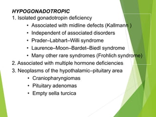 HYPOGONADOTROPIC
1. Isolated gonadotropin deficiency
• Associated with midline defects (Kallmann )
• Independent of associated disorders
• Prader–Labhart–Willi syndrome
• Laurence–Moon–Bardet–Biedl syndrome
• Many other rare syndromes (Frohlich syndrome)
2. Associated with multiple hormone deficiencies
3. Neoplasms of the hypothalamic–pituitary area
• Craniopharyngiomas
• Pituitary adenomas
• Empty sella turcica
 