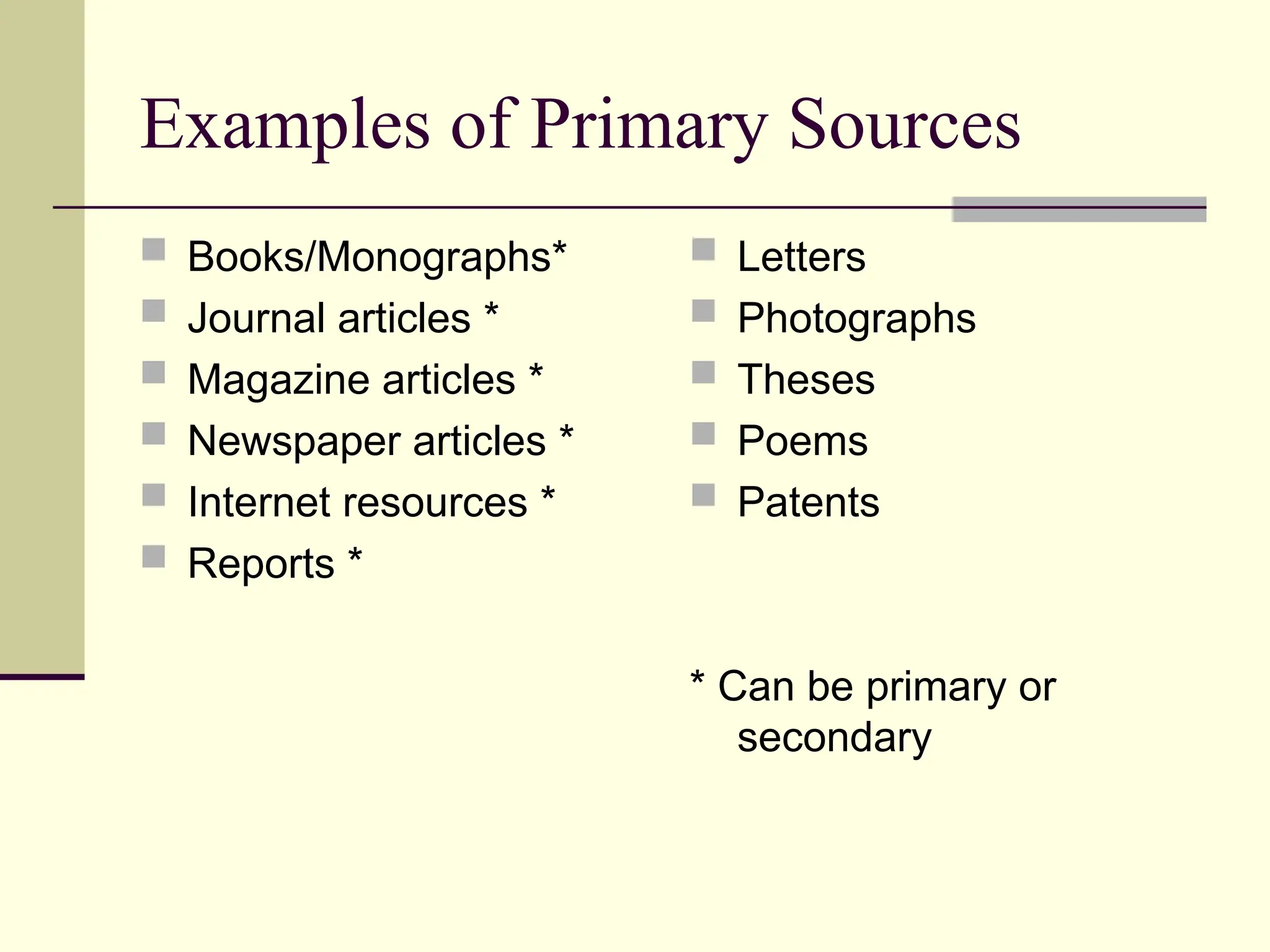 Examples of Primary Sources
 Books/Monographs*
 Journal articles *
 Magazine articles *
 Newspaper articles *
 Internet resources *
 Reports *
 Letters
 Photographs
 Theses
 Poems
 Patents
* Can be primary or
secondary
 