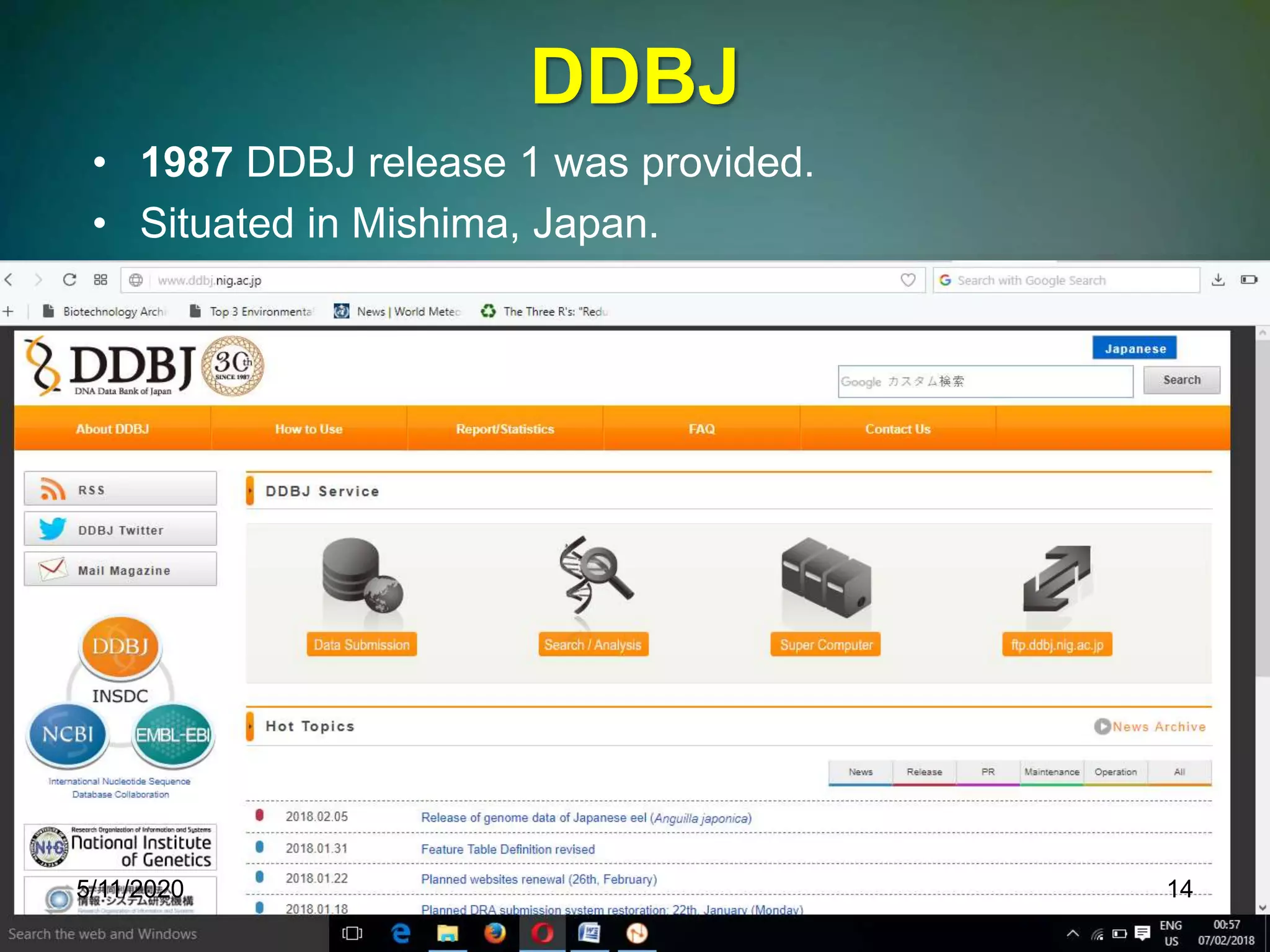 DDBJ
• 1987 DDBJ release 1 was provided.
• Situated in Mishima, Japan.
5/11/2020 14
 