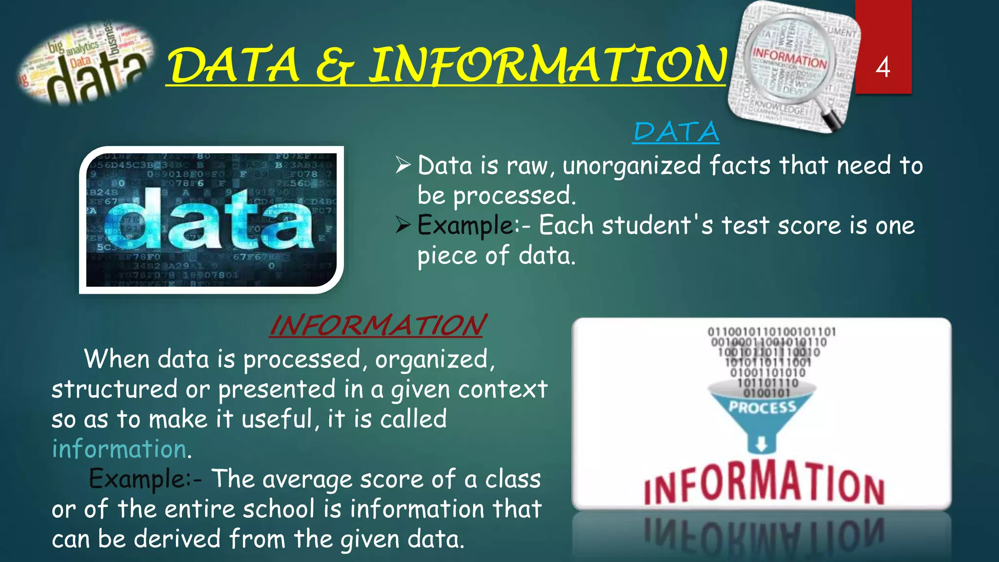 DATA & INFORMATION
DATA
Data is raw, unorganized facts that need to
be processed.
Example:- Each student's test score is one
piece of data.
INFORMATION
When data is processed, organized,
structured or presented in a given context
so as to make it useful, it is called
information.
Example:- The average score of a class
or of the entire school is information that
can be derived from the given data.
4
 