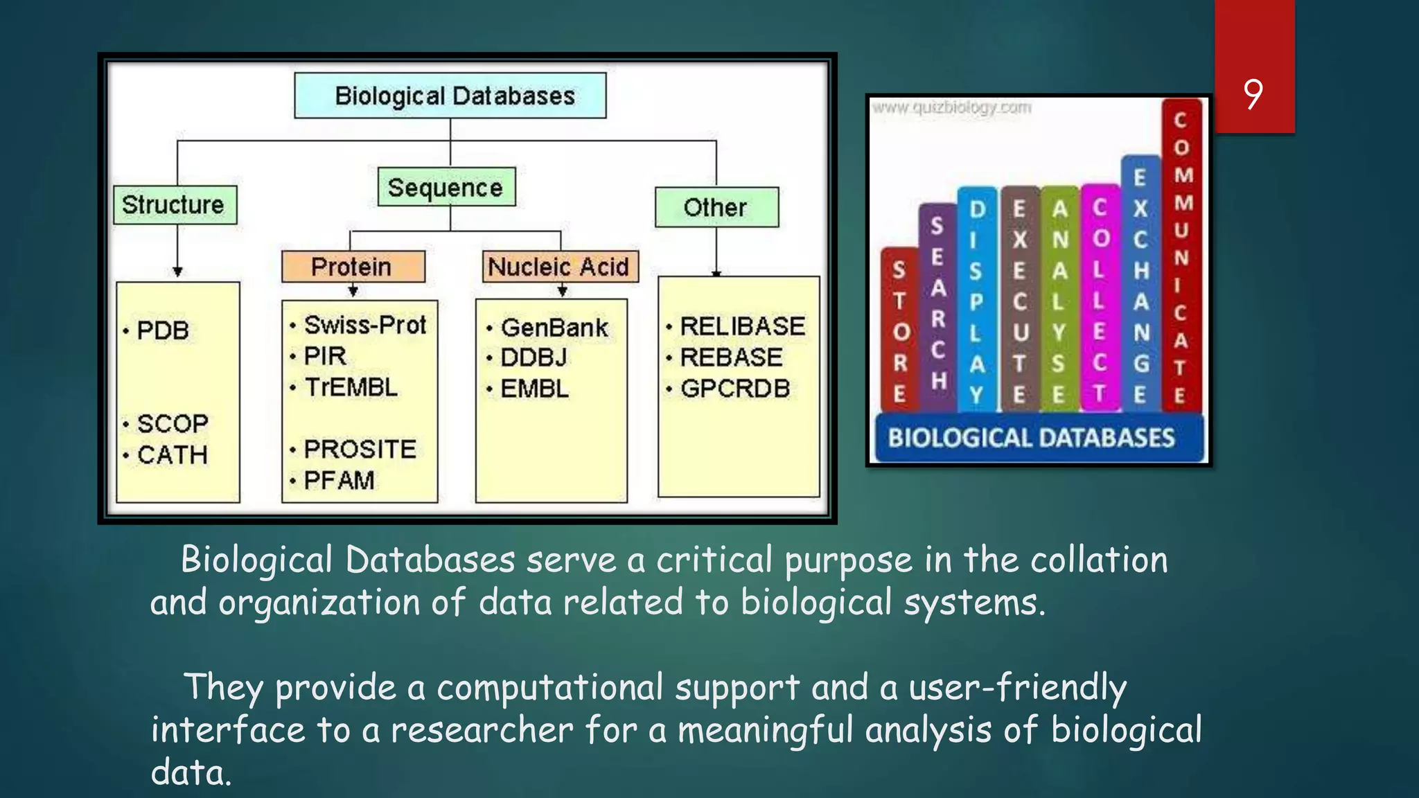 Biological Databases serve a critical purpose in the collation
and organization of data related to biological systems.
They provide a computational support and a user-friendly
interface to a researcher for a meaningful analysis of biological
data.
9
 