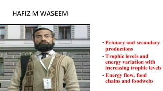 HAFIZ M WASEEM
• Primary and secondary
productions
• Trophic levels and
energy variation with
increasing trophic levels
• Energy flow, food
chains and foodwebs
 