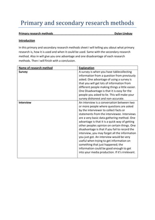 Primary and secondary research methods
Primary research methods

Dylan Lindsay

Introduction
In this primary and secondary research methods sheet I will telling you about what primary
research is, how it is used and when it could be used. Same with the secondary research
method. Also in will give you one advantage and one disadvantage of each research
methods. Then I will finish with a conclusion.
Name of research method
Survey

Interview

Explanation
A survey is when you have tablecollecting
information from a question from previously
asked. One advantage of using a survey is
that you will get lots of information from
different people making things a little easier.
One Disadvantage is that it is easy for the
people you asked to lie. This will make your
survey dishonest and non-accurate.
An interview is a conversation between two
or more people where questions are asked
by the interviewer to collect facts or
statements from the interviewee. Interviews
are a very basic data gathering method. One
advantage is that it is a quick way of getting
other peoples opinion on certain things. One
disadvantage is that if you fail to record the
interview, you may forget all the information
you just got. An interview would be very
useful when trying to get information on
something that just happened; the
information could be good enough to get
into your media production. If it’s irrelevant.

 